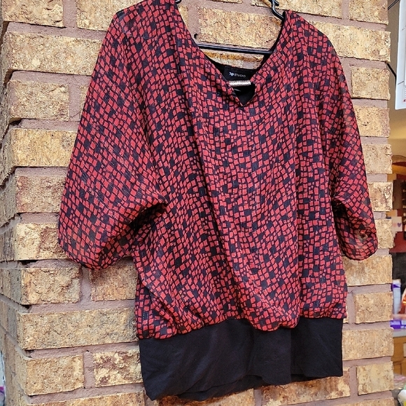 AB Studio Red and Black Boxy 3/4 Sleeve Blouse SIZE XL - Picture 5 of 11